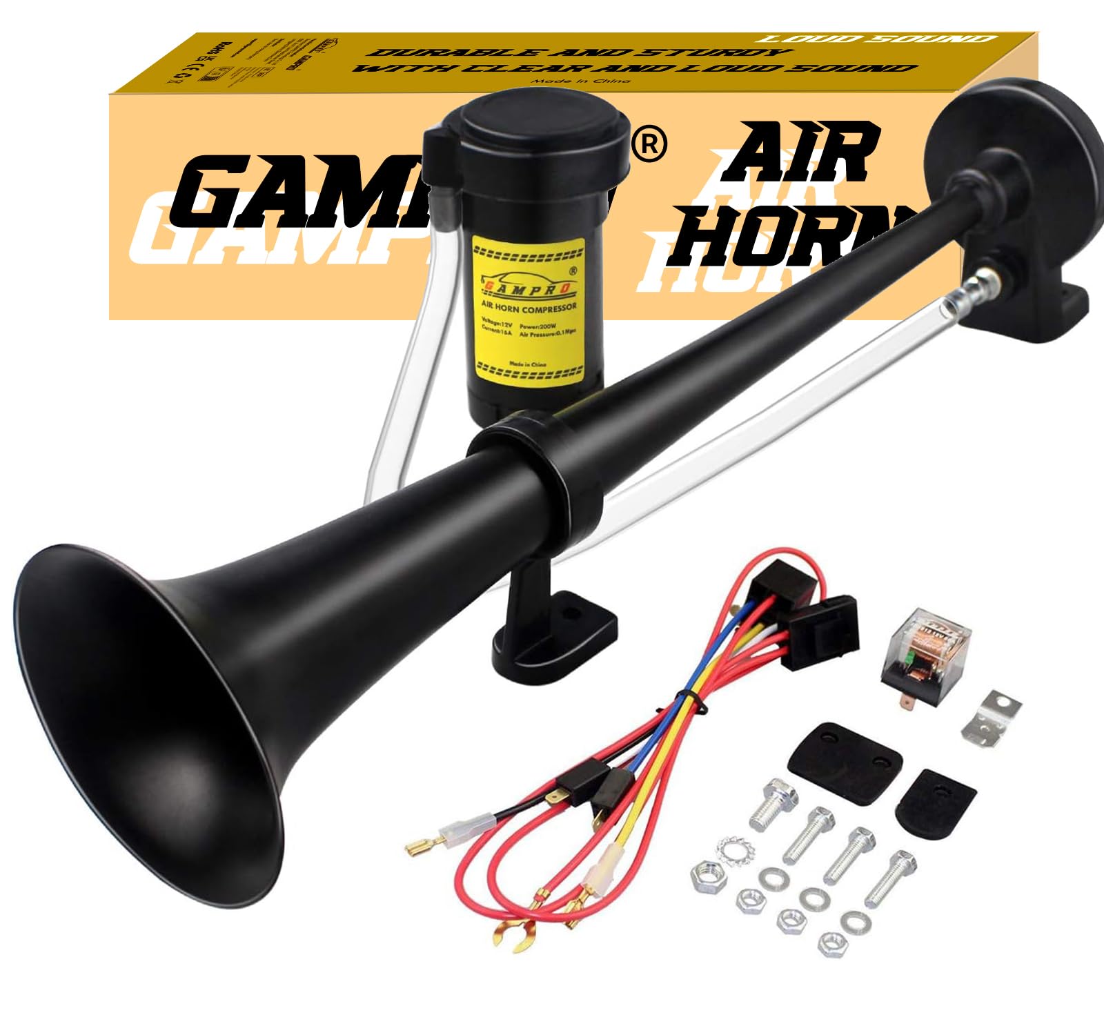 GAMPRO 12V 150dB Air Horn kit, 18Inch Chrome Zinc Single Trumpet Truck Horn with