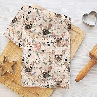 Vintage Cute French Bulldog Kitchen Towel, Romantic Flower Decor Absorbent Microfiber Dish Towel Tea Towel Waffle Hand Towel Farmhouse Home Bathroom Dog Lovers Gift