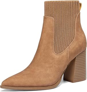 Coutgo Women Ankle Boots Sock Booties Pointed Toe Chunky Stacked High Heel Knit Chelsea Winter Dress Booties