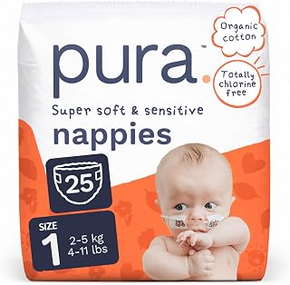 Pura Nappy Size 1 (2–5kg) 25 Count Sensitive Skin | Wetness Indicator, Cloud Soft™, Totally Chlorine Free*, Allergy UK Certified