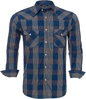 Men’s Western Cowboy Shirts-Long Sleeve Snap Button Plaid Shirt, Regular Fit Cotton Casual Shirt