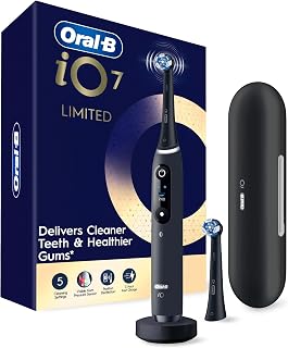 Oral-B iO Series 7 Deep Clean + Protect Rechargeable Electric Toothbrush, Black, Visible Pressure Sensor, 5 Settings, 2 Min Timer, 2 Replacement Brush Heads, Charging Travel Case