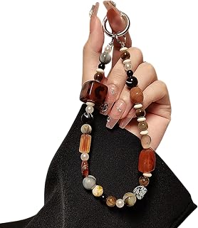LIFCIUSO Leopard Print Phone Charm Amber Phone Wrist Strap for Women | Vintage Style, Square Leopard Bead, Brown & Amber Crystal Beads, Maillard Tone, 360 Rotating Tab, For Phone Bag Keychain