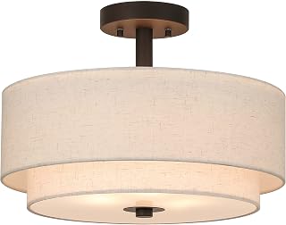 XiNBEi Lighting 16" Linen Drum Semi Flush Ceiling Light for Dining, Bronze