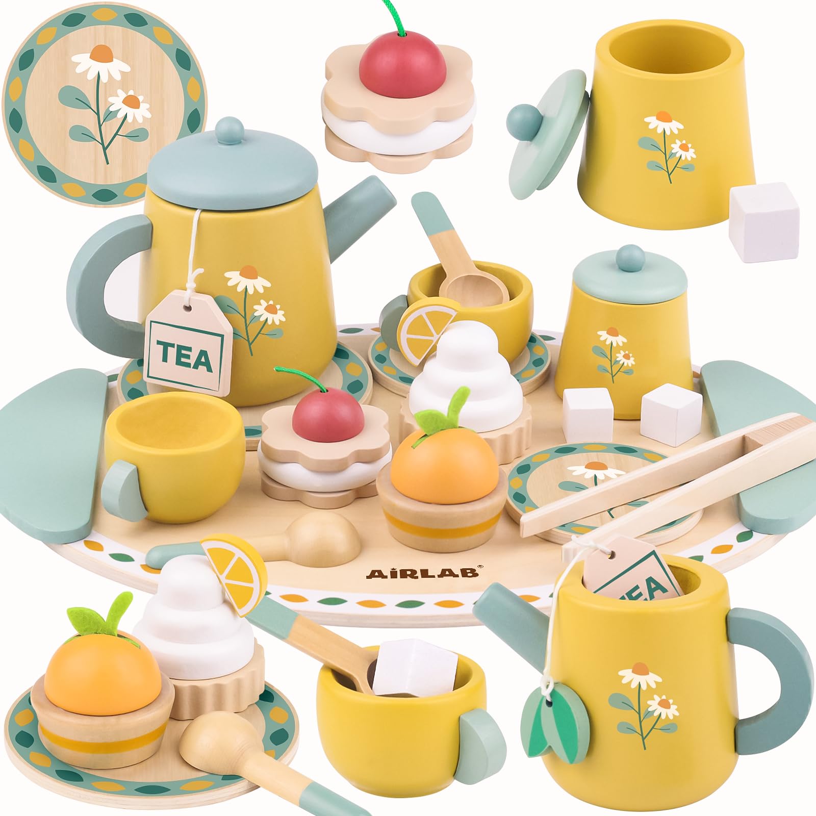 Wooden Pretend Play Food Toy Tea Party Set Accessories, Yellow | Princess Party 