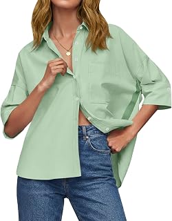 Cicy Bell Camisas de verano de gran tamaño con botones para mujer, de media manga, cuello en V, para negocios, informales, asimétricas, holgadas