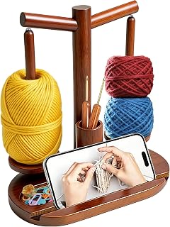Lemosyu Wooden Yarn Holder for Crocheting, Magnetic Rotating Yarn Spinner | 360°Rotation, 2 Spindles, Phone Stand, Crochet Accessories Organizer for Knitting, Gift for Knitters Women Mom Grandma Wife