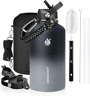 One Gallon Insulated Water Bottle, Triple Wall 128 oz Stainless Steel Wide Mouth Water Bottles (Cold for 48 Hrs), Leak Proof, Non-BPA, Large Water Flask Jug with Paracord Handle & Straw Spout Lids