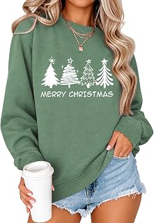 YHHR レディース クリスマス スウェットシャツ クリスマス ツリー グラフィック 長袖 シャツ クリスマス ホリデー プルオーバー トップス ブラウス