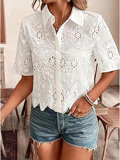 Women's Blouse Elegant White Lace Trim Floral Pattern Button Up Collar Shirt Perfect for Spring/Summer