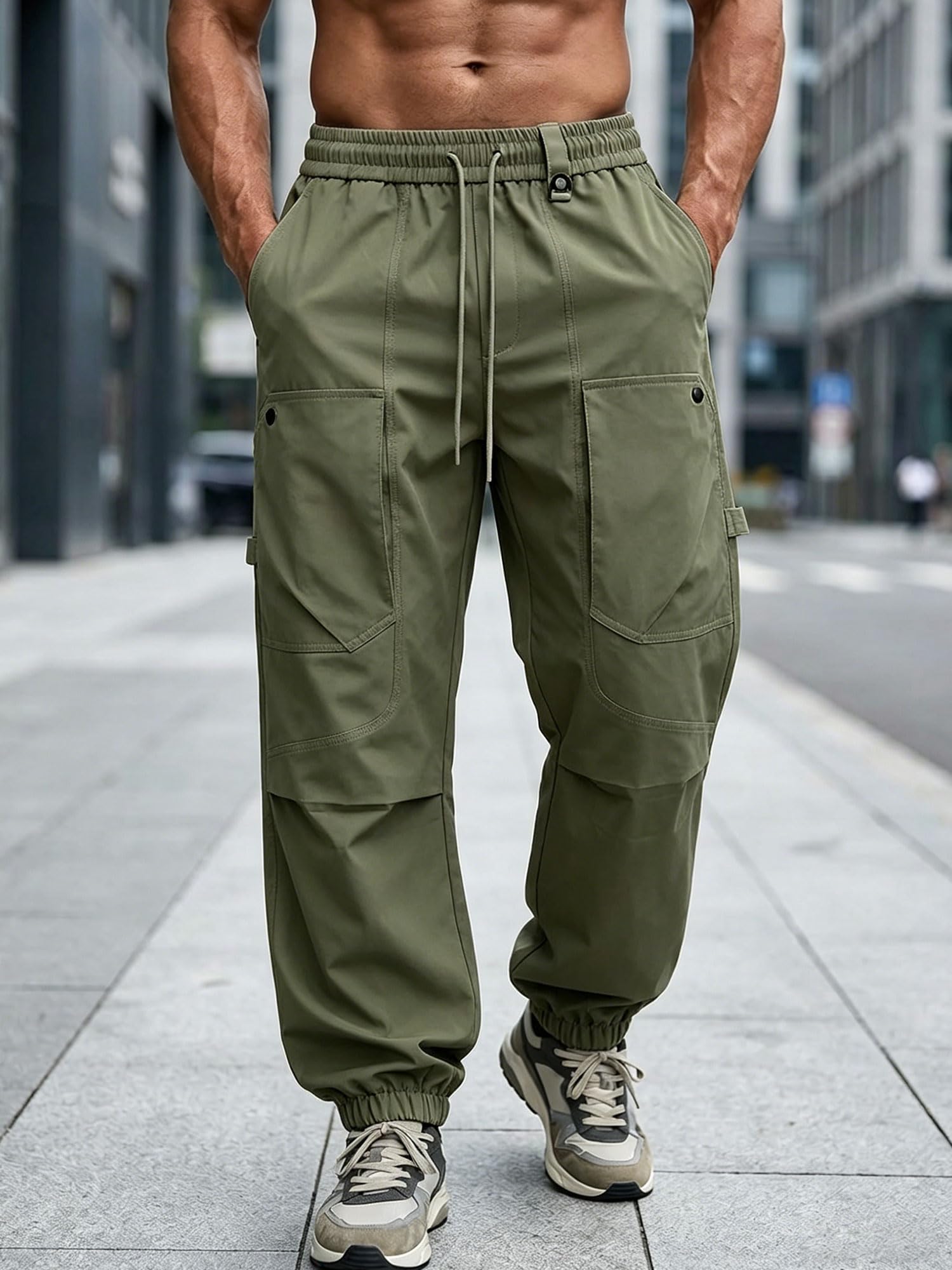Men's Quick Dry Breathable Elastic Waist Outdoor Running Cargo Pants with Pocket