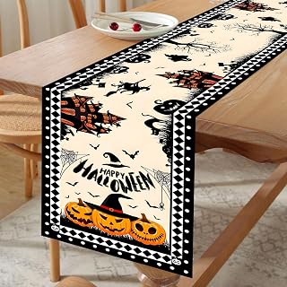 Halloween Table Runner Pumpkin Castle Painting Happy Halloween Table Decoration Indoor, Beige Pumpkin Print with Wizard Hat Kitchen Dining Halloween Table Decor Party Home Decoration 13x72 Inch