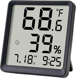 Room Hygrometer Indoor Thermometer for Home, Small Digital Temperature Humidity with Comfort Indicator, Digital Clock, Calendar, Desktop Thermometer Humidity Meter for Hourse, Compact Size, Black