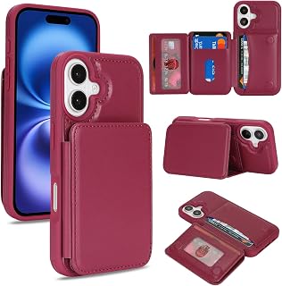 Cavor Custodia a portafoglio compatibile con iPhone 16 con porta carte, slot di credito cavalletto custodia per telefono per donne e uomini, custodia protettiva in pelle PU - rosso vino