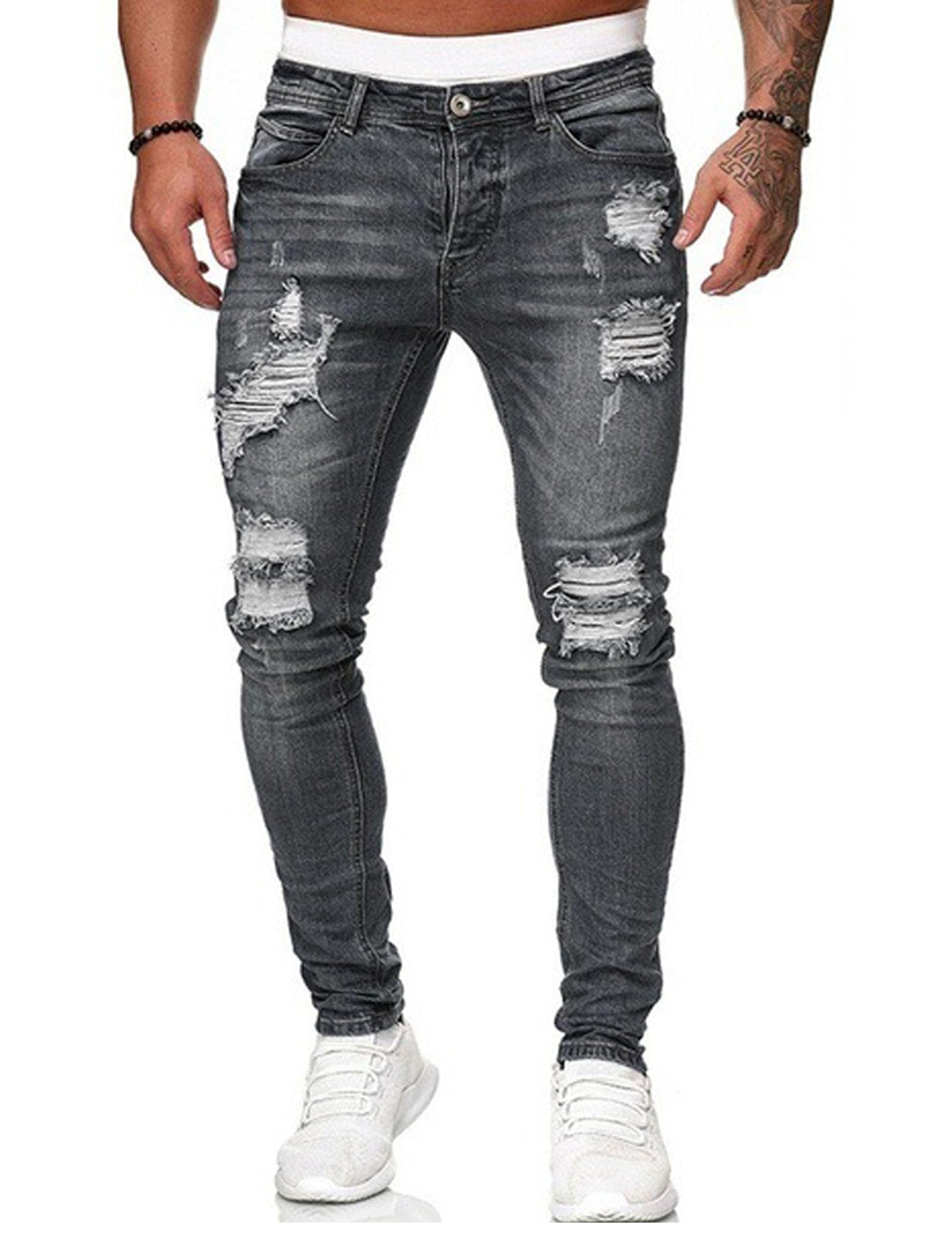 HUNGSON Men's Blue Slim Fit Jeans Stretch Destroyed Ripped Skinny Jeans Side Str