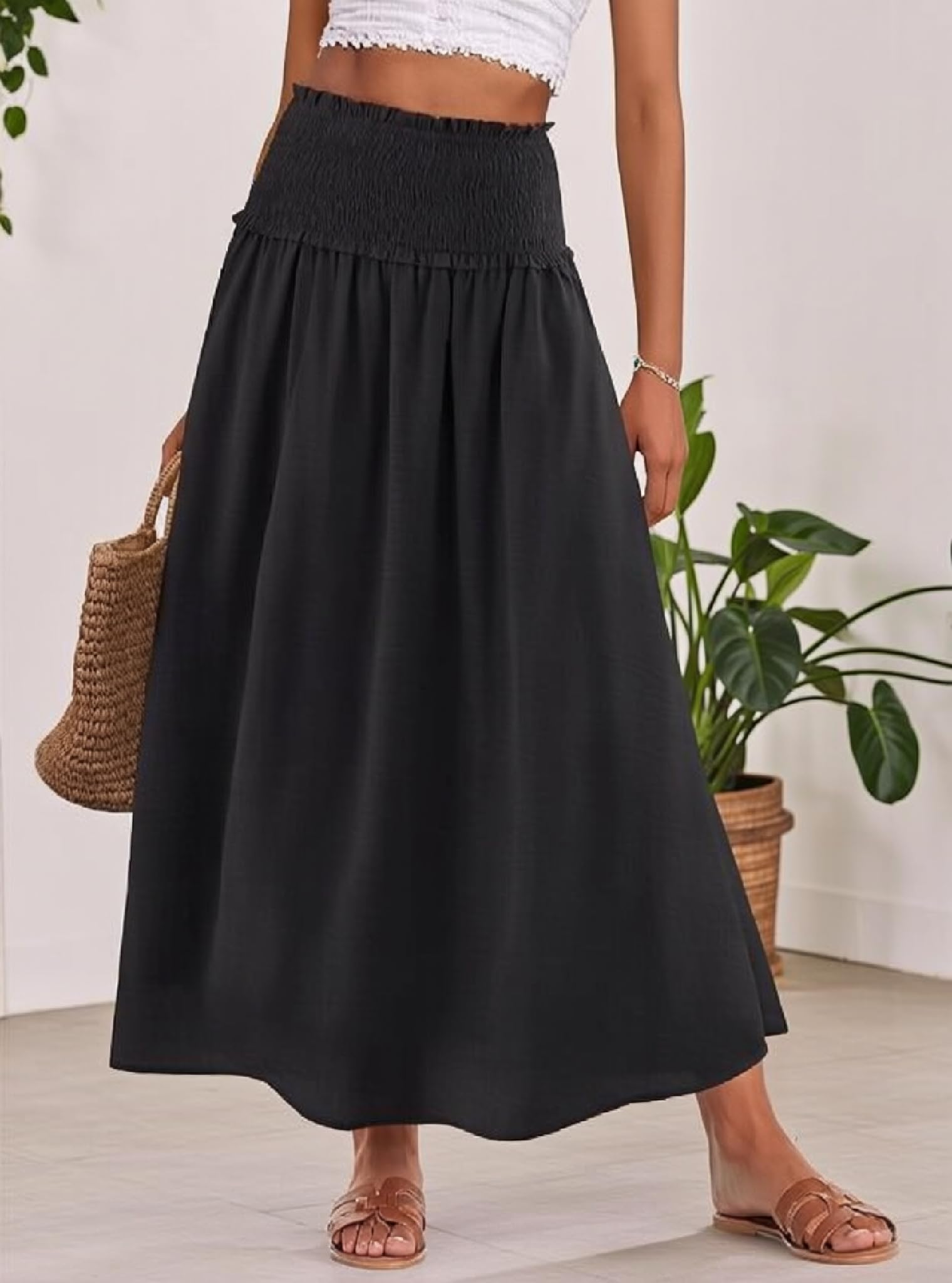 Women's Skirts High Waist A-Line Midi Skirt Flared Ruffle Hem Casual Versatile S