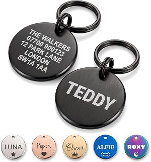 The Stately Hound Dog Tags for Pets Engraved UK, Black Round, Medium