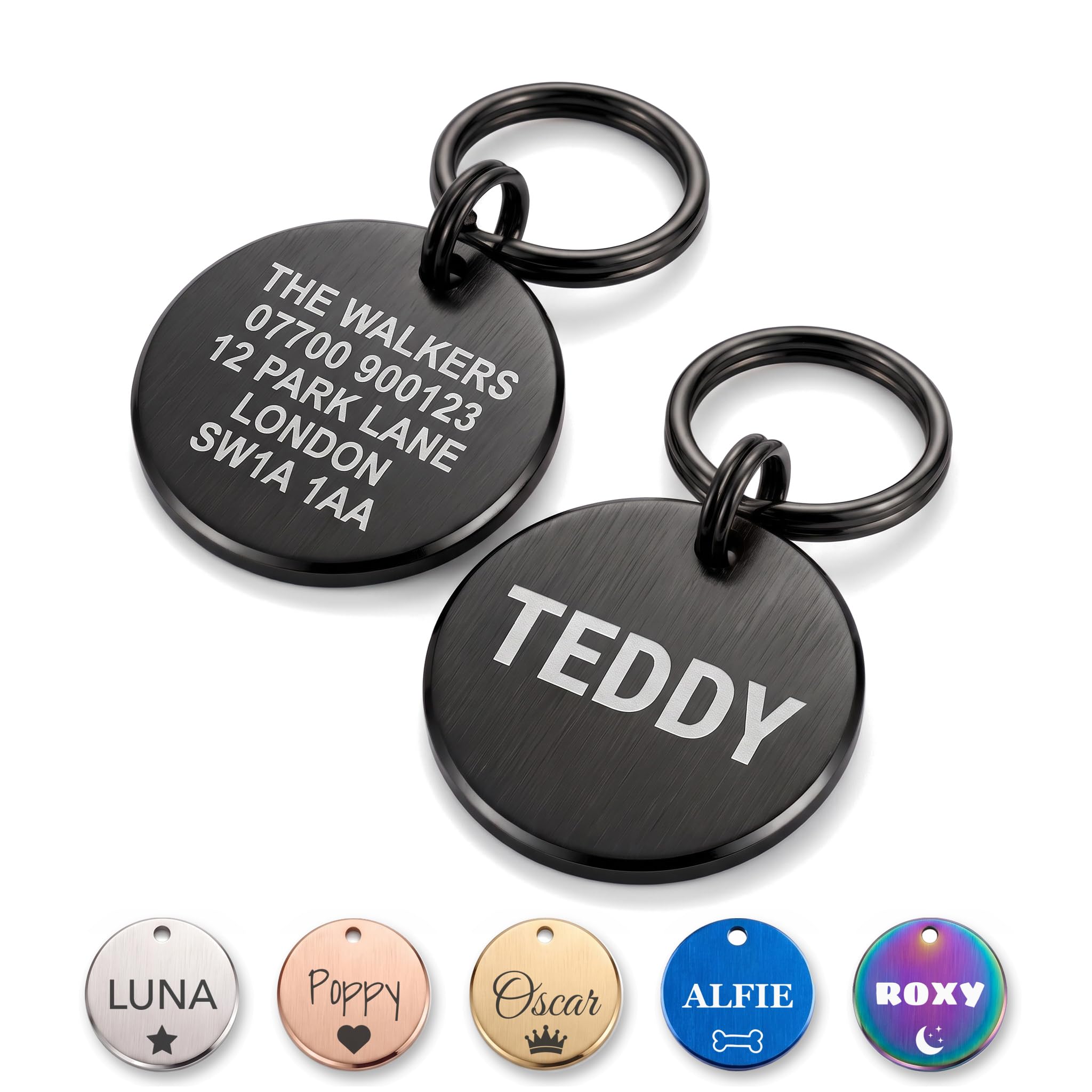 The Stately Hound Dog Tags for Pets Engraved UK, Black Round, Medium