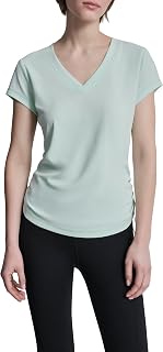 DKNY Women's Short Sleeve V-Neck Tech Shirring Side Seam Active T-Shirt