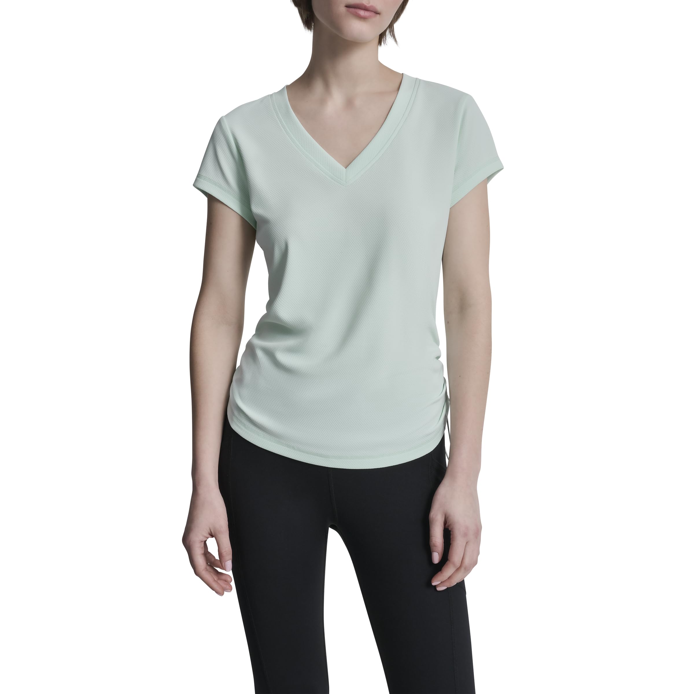 DKNY Women's Short Sleeve V-Neck Tech Shirring Side Seam Active T-Shirt