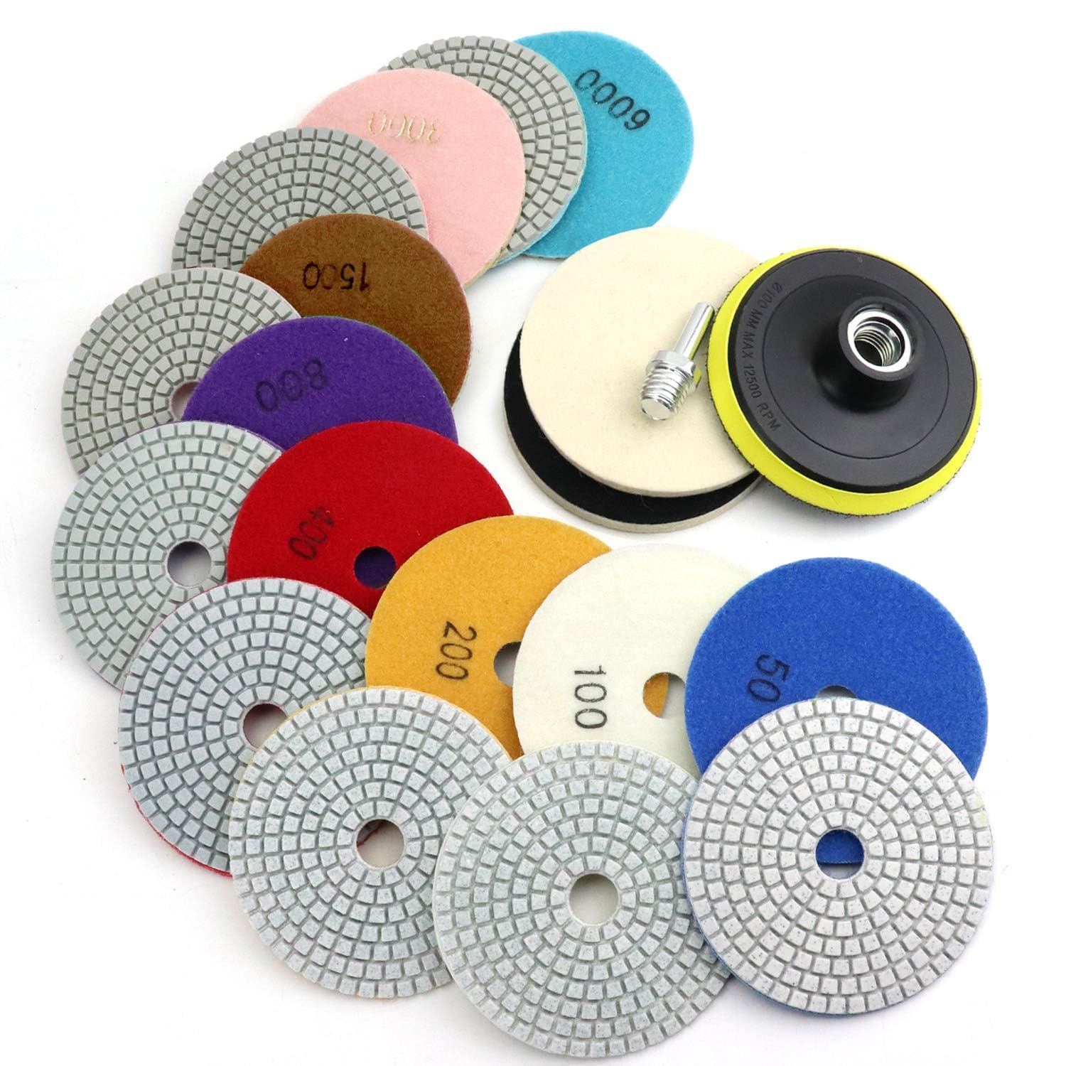 4 Inch Diamond Polishing Pads with 5/8’’-11 Backer Pad, 12PCS Wet/Dry Granite St
