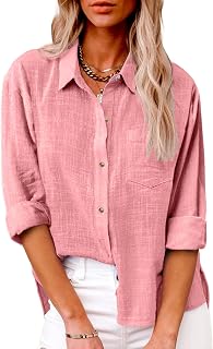 Women Linen Button Down Shirt Long Sleeve V Neck Casual Summer Blouses Cotton Gauze Blouses