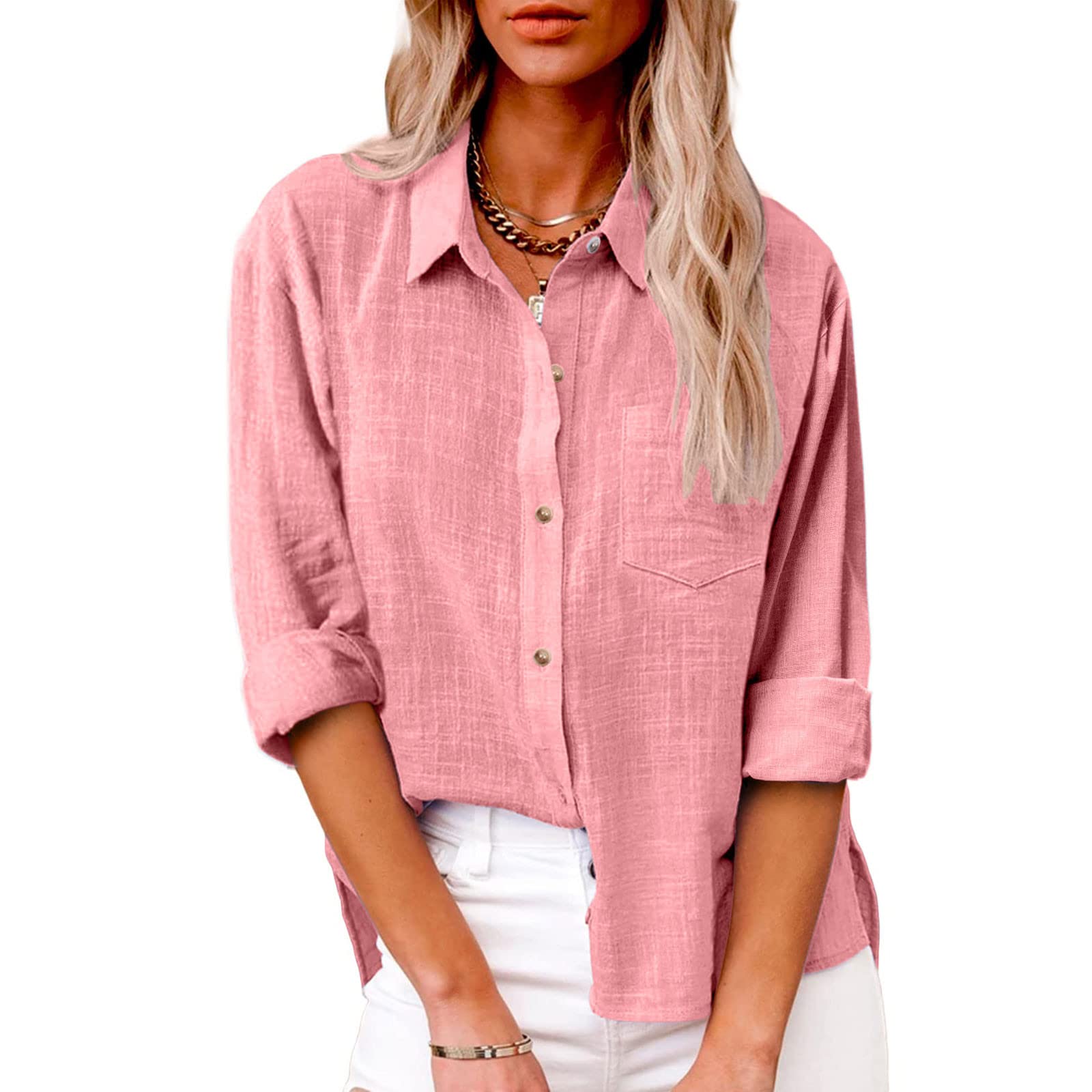 Women Linen Button Down Shirt Long Sleeve V Neck Casual Summer Blouses Cotton Ga