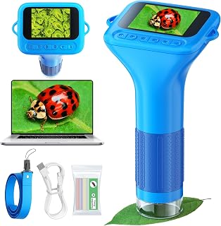 Odatay 1000X Digital Kids Microscope Kit with 12 Slides & 2" Screen, Blue | 1080P Imaging, Fit Ages 3-12, Standalone Pocket Science Edu Toys Gifts, Outdoor Backyard Bugs Exploring, Anti-drop Lanyard
