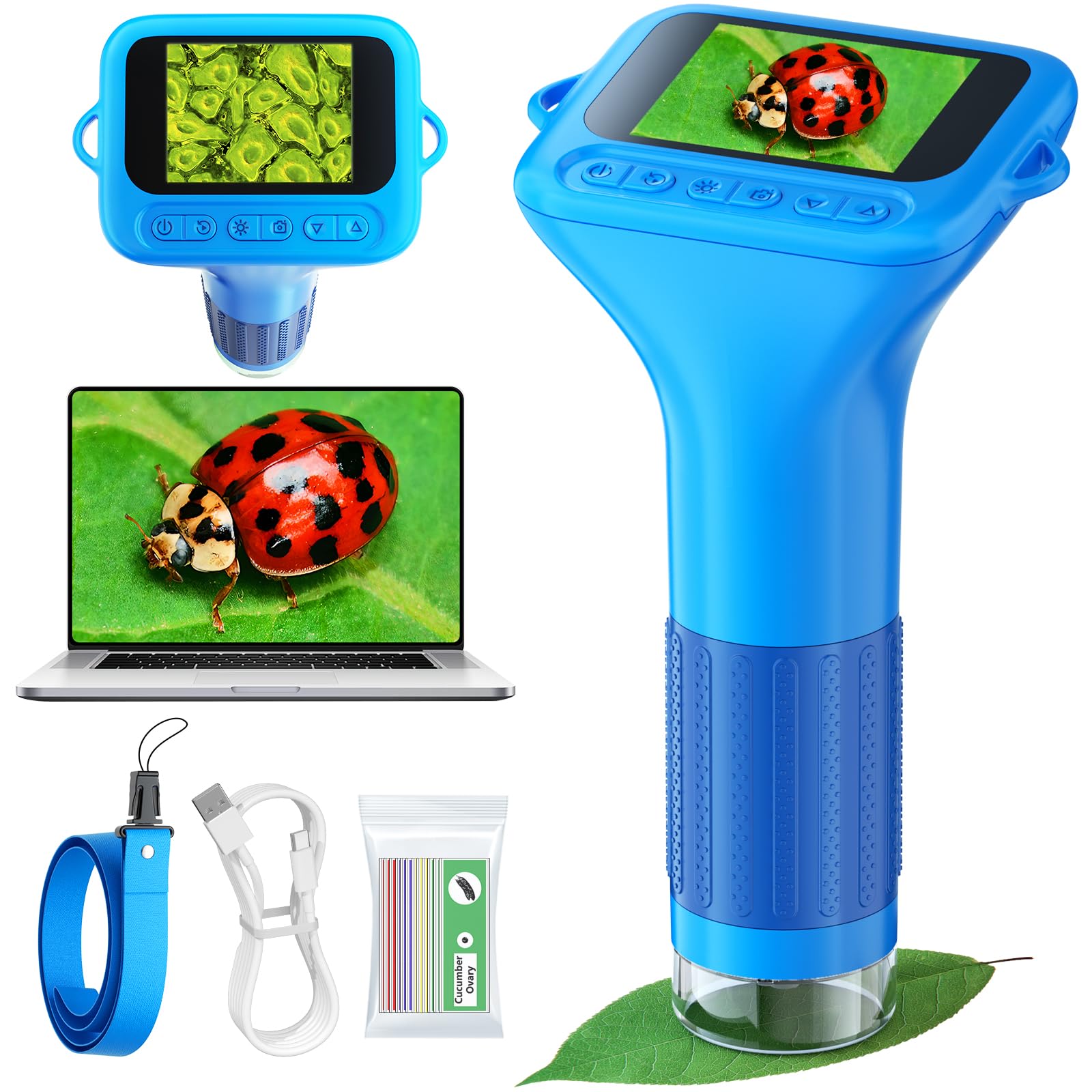 Odatay 1000X Digital Kids Microscope Kit with 12 Slides & 2" Screen, Blue | 1080