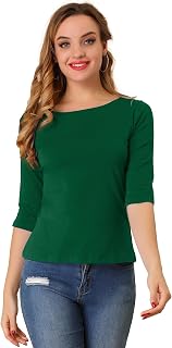 Allegra K Mujeres Codo Mangas Cuello Redondo Slim Fit Tee - verde - Medium