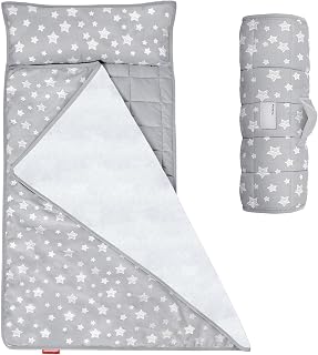 Moonsea Toddler Nap Mat with Pillow and Fleece Minky Blanket Grey | Lightweight and Soft Fit for Toddlers Preschool, Daycare, Travel Sleeping Bag for Girls, 21" x 50" Fit on a Standard Cot