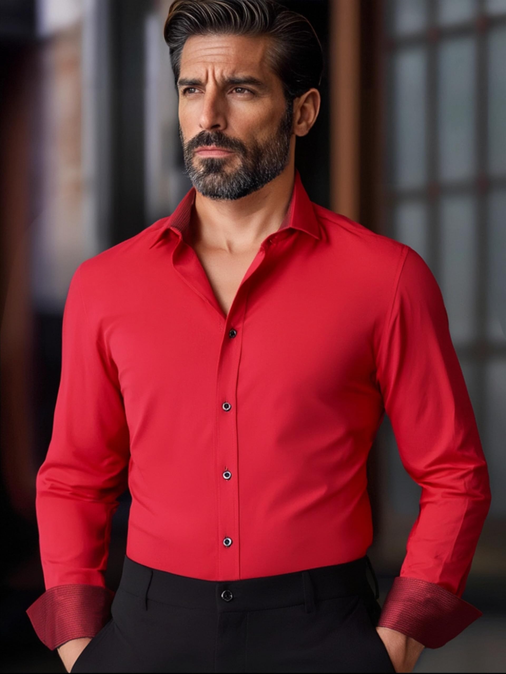 Camicia da uomo slim fit, a maniche lunghe, con bottoni, per ufficio, lavoro, ev
