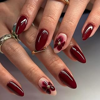 24pcs Medium Almond Press-On Nails French Tips Fake Nails Glossy Red Flower Fake Nails Elegant Design Acrylic Spring Glue Reusable Stick On Nails for Women Girls Manicure Accessories