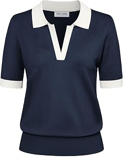 Kate Kasin Womens Short Sleeve V Neck Polo Shirt Casual Ribbed Knit Top