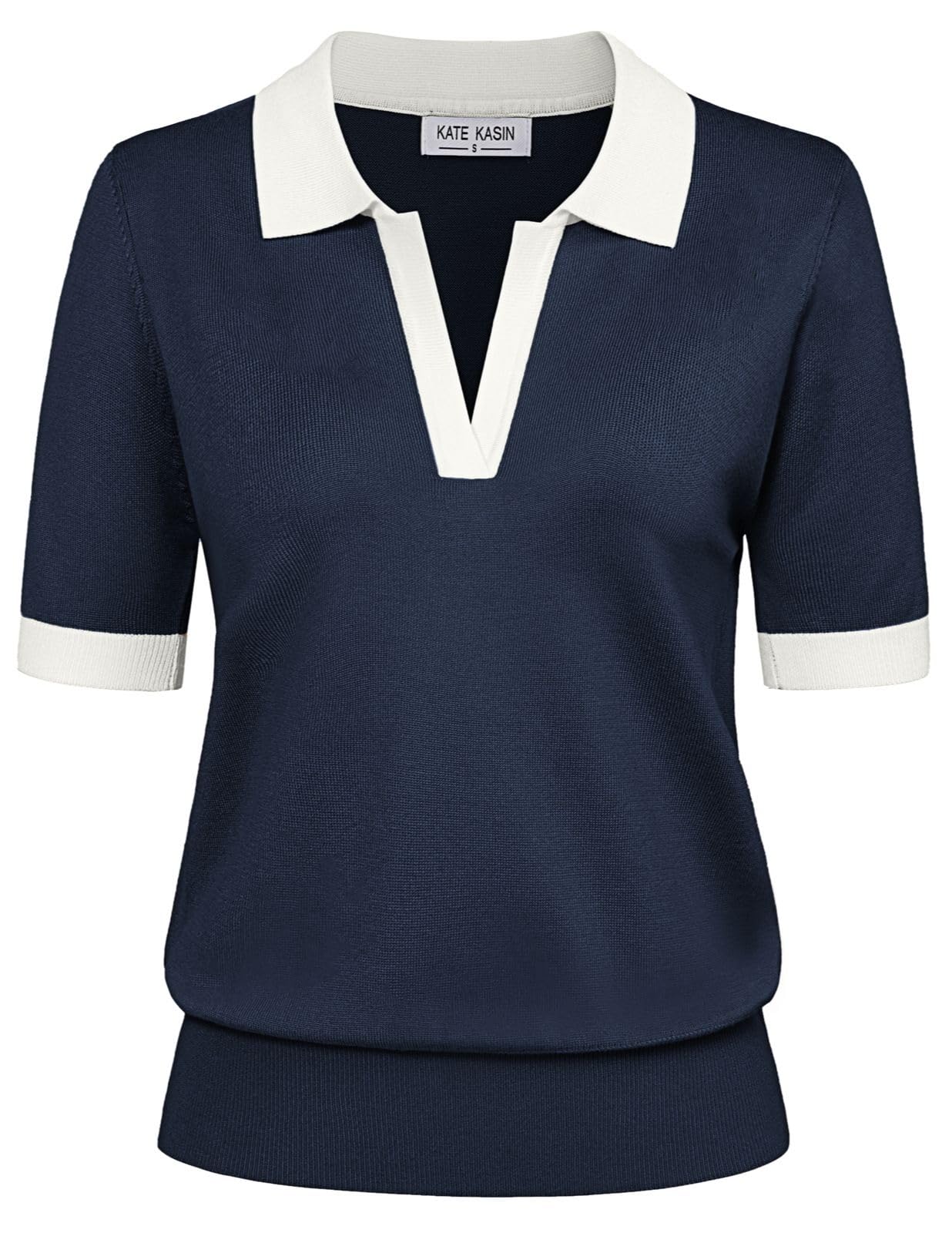 Kate Kasin Womens Short Sleeve V Neck Polo Shirt Casual Ribbed Knit Top