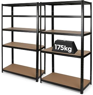 Harbour Housewares 5-Tier Steel Garage Shelving Units Set - Matt Black - 2pc Heavy Duty Free Standing Industrial Shed Storage Racking Shelves | Boltless Assembly | 875kg Capacity | 90 x 40 x 180cm