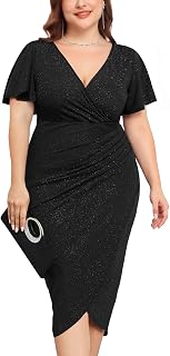 ZOMVA Plus Size 0X-4X Sparkly Glitter Ruched Bodycon Midi Dress Sparkle Sequin Wrap Ruffle Sleeve Dress Cocktail Party Formal