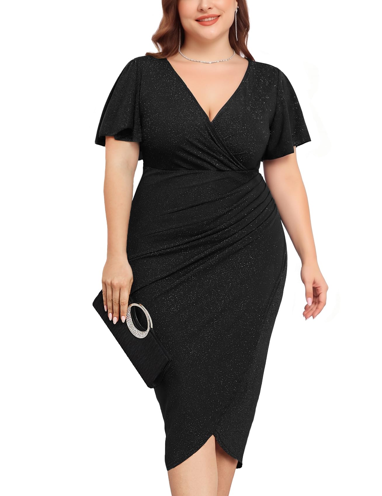 ZOMVA Plus Size 0X-4X Sparkly Glitter Ruched Bodycon Midi Dress Sparkle Sequin W