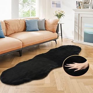 ORINOVA Black Shag Washable Fluffy Fur Area Rugs for Bedroom Living Room Faux Rabbit Fur Nursery Rug 2x6 Cute Shaped Rug Room Décor
