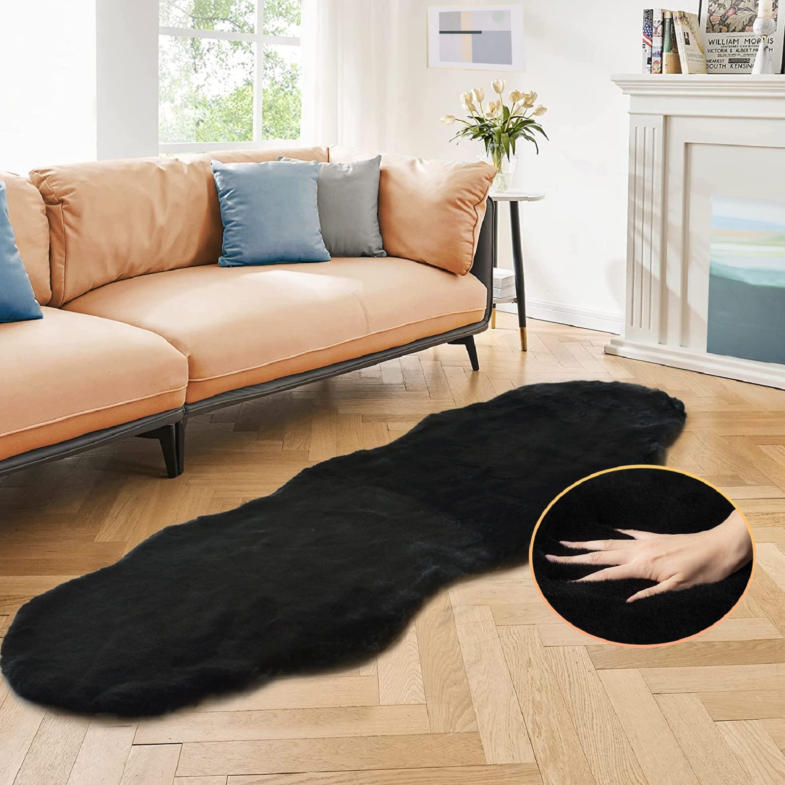 ORINOVA Black Shag Washable Fluffy Fur Area Rugs for Bedroom Living Room Faux Ra