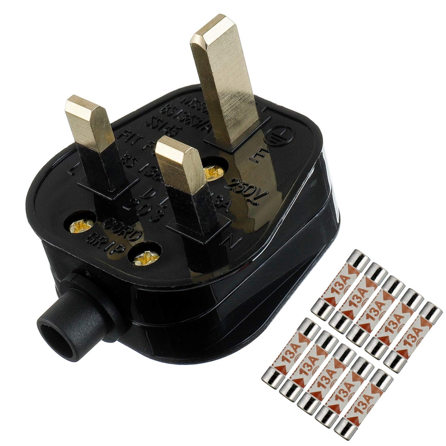 HUAREW 13A Fused Mains Plug With Cord Grip For UK Fuses Black ( Pack of 1 pcs ）