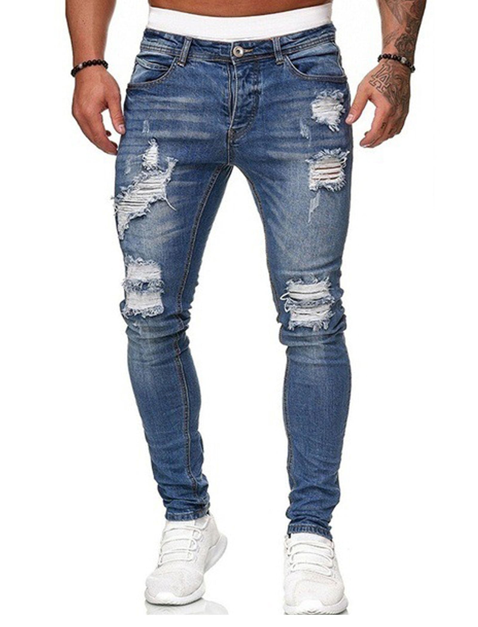 HUNGSON Men's Blue Slim Fit Jeans Stretch Destroyed Ripped Skinny Jeans Side Str