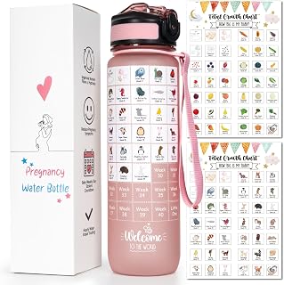 Pregnancy Water Bottle Tracker (Pink), with 2 Different Weekly Stickers | 1st Trimester Must Haves Gift for First Time Moms, Early Essentials Gifts for Pregnant Women, Maternity, BPA Free