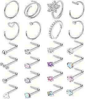 iuiiaii 24 Piece silver Nose Ring, L Shaped Nose Studs and Tragus Piercing Jewellery Suit, Bring Jewelry Noses Piercing Accessories, Fake Noses Rings Silver Can Be Women Men Gift