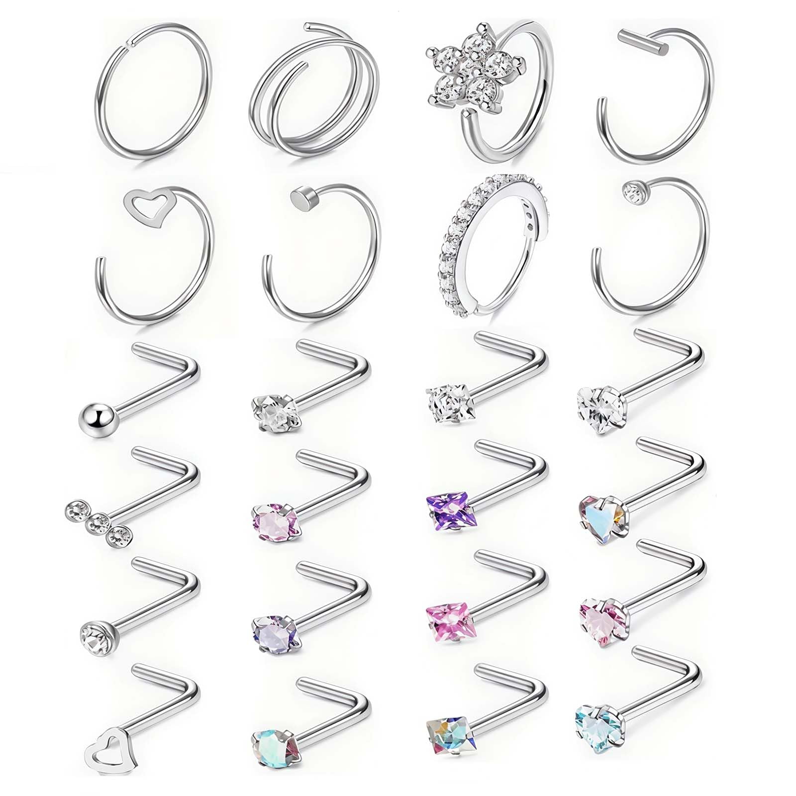 iuiiaii 24 Piece silver Nose Ring, L Shaped Nose Studs and Tragus Piercing Jewel