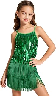 LOLANTA Girls Sequin Fringe Dance Costume Latin Dance Set for Kids Salsa Rumba Sparkly Mini Dress Fringe Dance Sleeveless with Short Pant