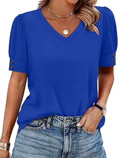 OFEEFAN Womens Tops Short Sleeve Shirts Buttons V Neck Spring Fashion Summer Outfits Plus Size Blouses Dressy Casual