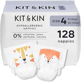Kit & Kin Premium Baby Nappies Size 4, 9-14 kgs / 20-31 lbs, Pack of 128 | Plant-Based Materials On Baby's Skin, Hypoallergenic, Superior Leak Protection
