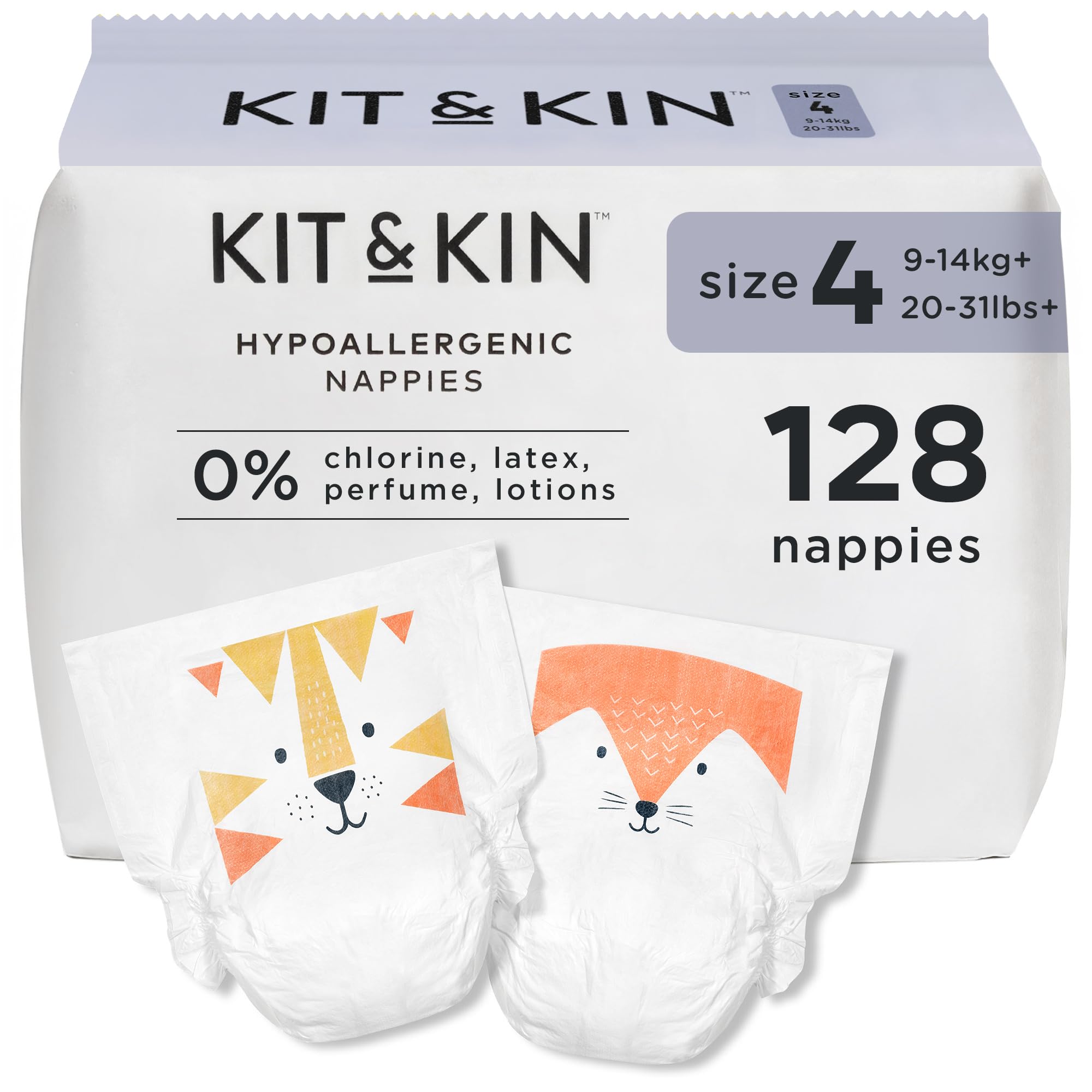 Kit & Kin Premium Baby Nappies Size 4, 9-14 kgs / 20-31 lbs, Pack of 128 | Plant