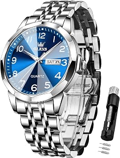 OLEVS Men's Watches Gold Luxury Diamond Watch Men with Date Weekday Waterproof Luminous Classic Wristwatch Gift, 9970 G Silver/Blue